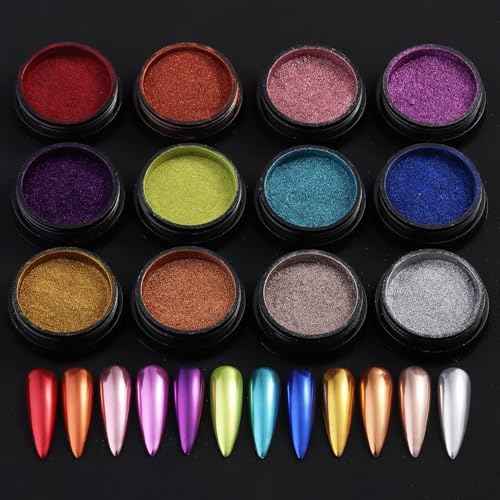 Chrome Nail Powder Set 12 Colors Gold Silver Bronze Chrome Powder for Nails Metallic Nail Glitter Red Green Blue Mirror Rub Pigment with 2PCS Extra Fine White Sugar Powder Nail Design