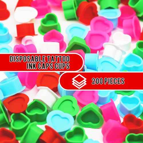 Tattoo Ink Caps Silicone Tattoo Cups Pink 200 Pcs with Base for Tattoo, Ink Caps for Tattooing Microblading Tattoo Supplies