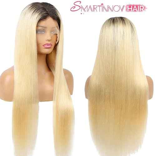 13x4 HD Lace Frontal Wigs 1B613 Ombre Blonde Human Hair Pre Plucked 150% Density 24 Inch Straight Bleached Knots with Dark Roots Transparent Invisible Glueless Lace Front Human Hair wigs for Women