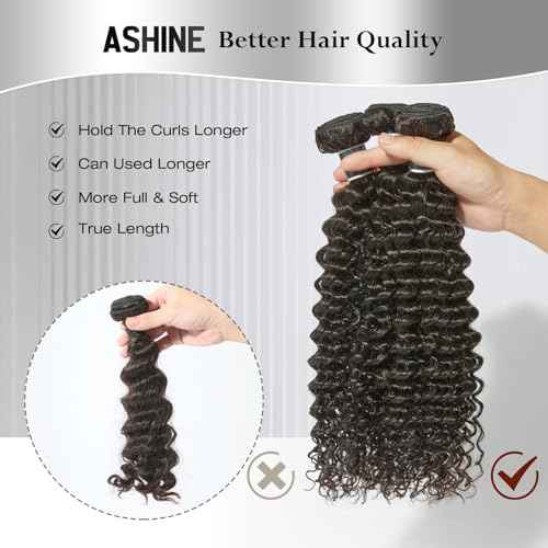 ASHINE Human Hair Bundles Deep Curly Water Wave, Unprocessed Cambodian Raw Hair 14 16 18 Inch, Flip Over Quick Weave Wet and Wave Bundles for Women Natural Black