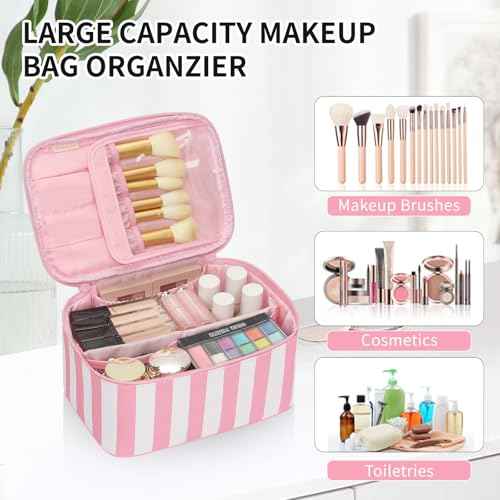 OCHEAL Makeup Bag,Travel Makeup Organizer Bag, Large Capacity Cosmetic Bags For Women Large Travel Toiletry Bag Girls Traveling With Brush Slot And Divider-Stripes Pink