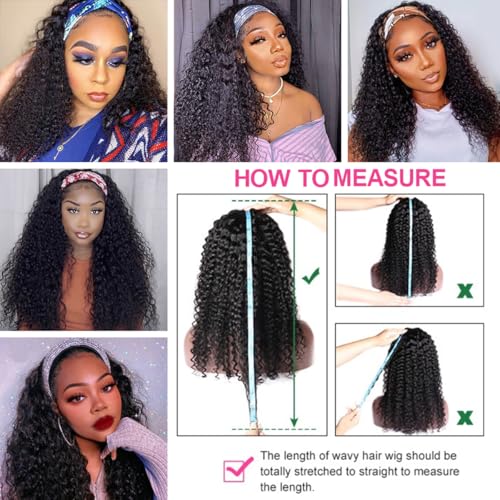 Curly Headband Wig Human Hair 18 inch Machine Made Wigs Glueless Deep Wave Headband Half Wigs for Black Women Human Hair Water Wave Natural Color