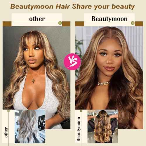 Beautymoon Brown Highlight Body Wave Bundles Ombre Human Hair 3 Bundles 22 24 26 Inch 100% Unprocessed Brazilian Virgin Hair Honey Blonde Bundle Human Hair Body Wave Hair Extensions for Black Women