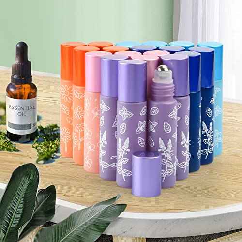 Cositina 20 Pack Essential Oil Roller Bottles, 10ml Glass Roll on With Stainless Steel Balls, Metal Aluminum Lid, Empty Sample Vial - Opener, Dropper Included