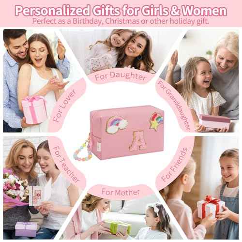 Personalized Initial Makeup Bag, Birthday Gifts for Girls 4 5 6 7 8 9 10 11 12 13 14 15 Years Old, Cute Cosmetic Bag Small Toiletry Bag Travel Make Up Organizer, Gift for Teen Girl Women Friend, Pink