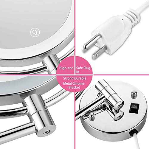 Wall Mounted Lighted Makeup Mirror, 8 Inch Double-Sided 1X 5X Magnifying Mirror for Bathroom, 11'' Extendable Arm, 360¡Æ Swivel, Touch DimmableLED Lights, Powered by Plug in, Chrome