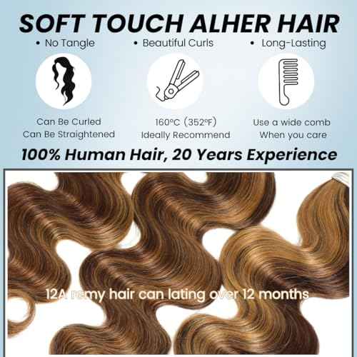 ALHER True 4/27 Body Wave Honey Blonde Highlight Ombre Colored 3 Human Hair Bundles 16 18 20 Inch 12A 100% Brazilian Virgin Remy Human Hair Soft Thick Wavy Sew In Weave Highlight Piano Color