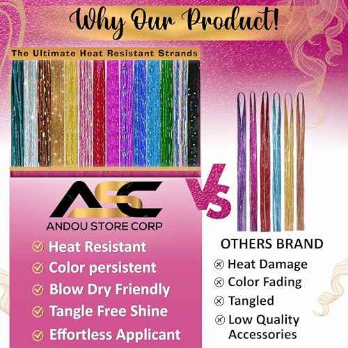 Andou | 14 Colors | Up To 6800 Strands | Heat Resistant Hair Tinsel Kit For Girls, Women & Kids | 48 Inch | One Wooden Threader & Crochet | One Plier | Two Hair Clips | Two Hundred Beads