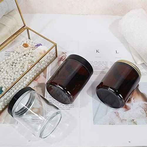 12 Pack 8 oz Amber Round Glass Jars, 240 g Empty Cosmetic Containers with Inner Liners, Black Plastics Lids Glass Jars with Lables for Cosmetics, Face Cream, Lotion, Ointments and DIY Candle