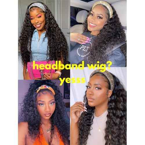 Water Wave Headband Wig Human Hair 14inch Curly Drawstring Headband Wigs Human Hair Wear and Go Glueless Wigs for Black Women Brazilian Virgin Hair 220 Density Natural Color