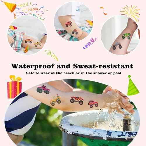 104 PCS Monster Truck Temporary Tattoos for Kids Party Supplies, Individually Wrapped Monster Truck Fake Tattoos Temp Tattoo Stickers for Boys Girls Birthday Party Favors Decorations Activities