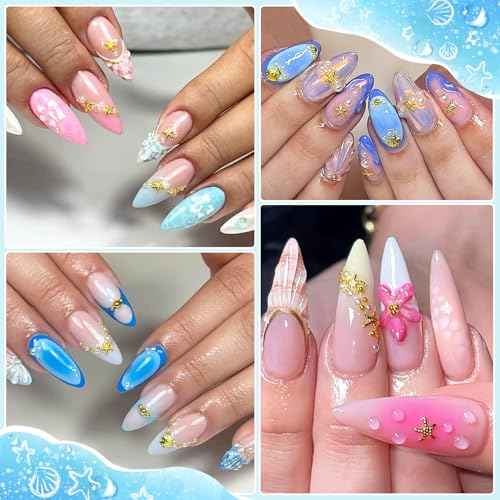 Summer Nail Charms, 3D Beach Nail Charms Metal Starfish Seashell Tropical Ocean Nail Art Decorations, Gold Beads and Pearls Rhinestones with Tweezers for Manicure, concha nacar para u?as