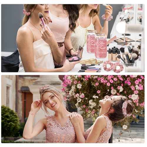 56 pcs Bridesmaid Gift Set, Pink: 16oz Glass Cups, Makeup Bags, Invitation Cards, Scrunchies, Hair Bracelets, Diamond Pens, Love Clips - Perfect for Bridesmaids or Special Occasions