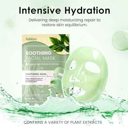 Ashlyn Green Tea Soothing Collagen Face Mask - Overnight Hydrating Sheet Mask with Hyaluronic Acid & Collagen for Sensitive Skin, Deep Moisture Calming Relief for Glass Skin, 35g, 5ea