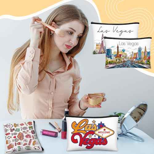 Reginary 6 Pcs City Cosmetic Bag Souvenir Gifts New York Zipper Pouch Chicago Souvenir Seattle Boston Nashville London Paris Italy Alaska Gifts Memento for Women Traveler(Las Vegas)