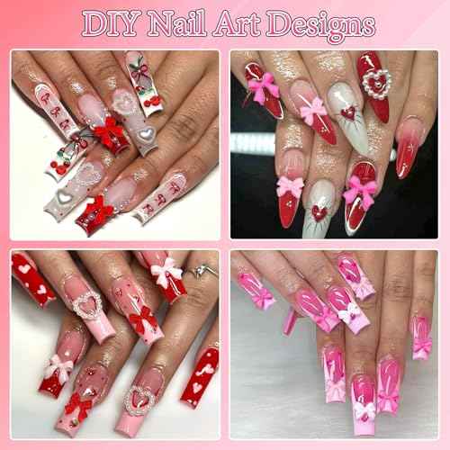 BELICEY 3D Nail Charms Red Pink Bow Cherry Flower Charms for Nails Mix Size Flatback Nail Pearls Gold Caviar Beads Nail Gems Rhinestones with Tweezer Picker Pen for Manicure DIY Nail Art Design Crafts