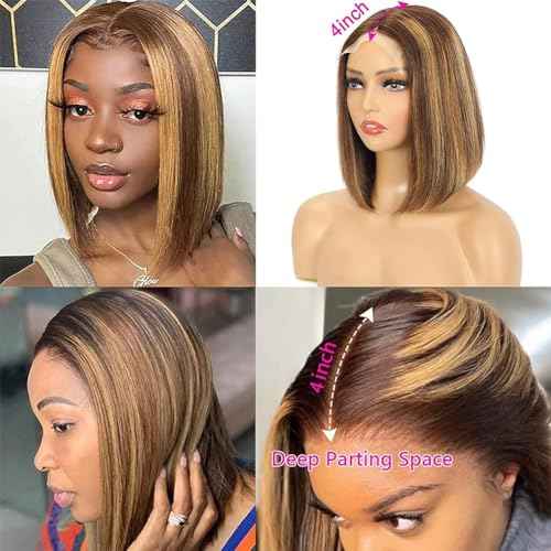 Highlight Bob Wig Human Hair P4/27 Color 13x4 HD Lace Front Wigs Human Hair Pre Plucked Hairline for Women Blonde Highlight Bob Wigs 180% Density 12 Inch