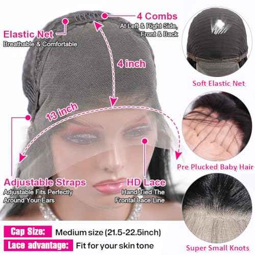 Wingirl 13x4 HD Deep Wave Lace Front Wigs Human Hair Pre Plucked with Baby Hair Transparent 180 Density Glueless Lace Frontal Wigs for Women Natural Black Color