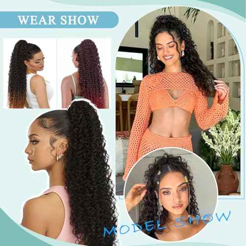 SuCoo Drawstring Ponytail Extension for Women Curly Ponytail Extension Synthetic Hair Natural Wavy Hair Pieces for Daily Use £¨#1B,28 Inch,160g