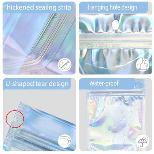 100 PCS Press On Nails Packaging Bag Holographic Nail Storage Bag and 100PCS Shiny White Pearl Card with 7 Sheets Pre-cut Nail Tape (Laser)