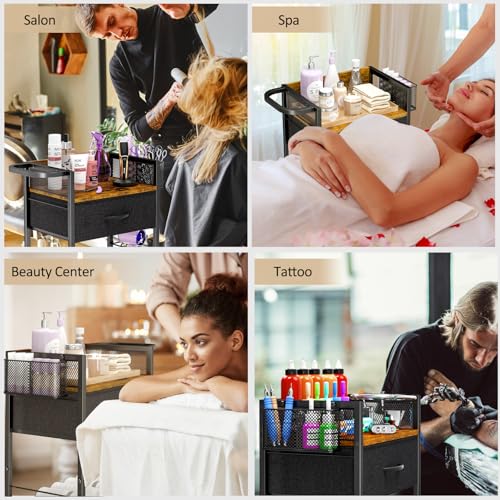 Salon Trolley Cart with Wheels, Mobile Hair Stylist Station with Metal Tool Holder & Basket, Rolling Barber Table with Fabric Drawer, Storage for Salon, Barbershop, Spa & Tattoo, Black