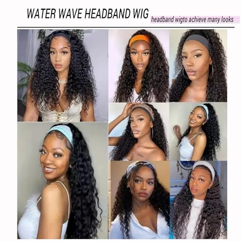 Curly Headband Wigs for Black Women Wet and Wavy Afro Headband Wig Water Wave Blend Human Hair & Synthetic Hair Ready to Go Glueless Half Wigs 180% Density (Black-#1B, 20 Inch)