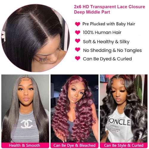 2x6 HD Lace Closure with Bundles 12 14 16+10 Inch Straight Human Hair 100% Unprocessed Brazilian Virgin Weave Human Hair 3 Bundles Deals with Closure