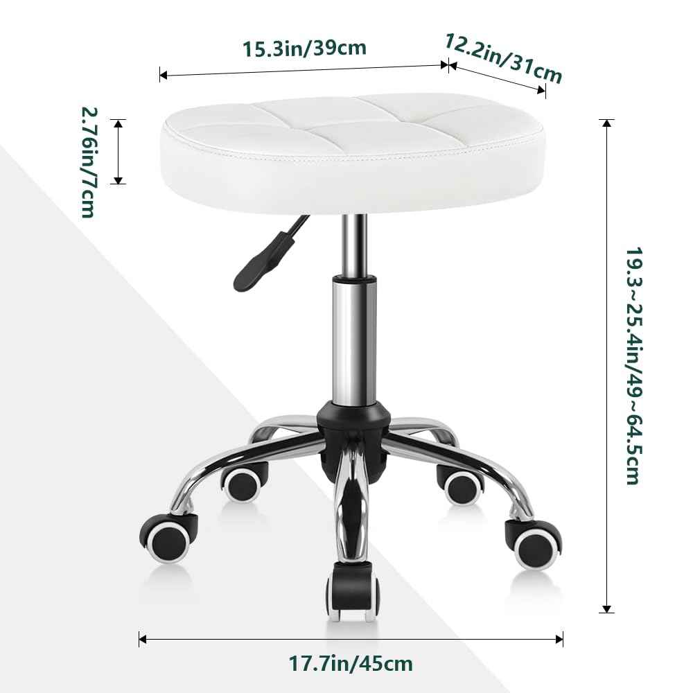 BFTOU White 6-Square Lattice PU Swivel Stool with Wheel for Work SPA Shop Massage Height-Adjustable and Cost-Effective Rolling Stool Chair