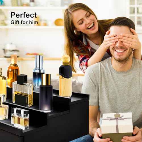 Cologne Organizer for Men, 3 Tier Cologne Stand Organizer for Men, Wood Perfume Organizer with Felt Lining Drawer and Hidden Compartment, Great Gift for Men(Black)