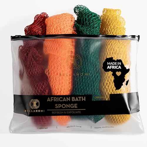 BELLANOMI 4 Piece African Exfoliating Net Sponge Long African Bath Sponge, Authentic Ethically Sourced from Nigeria, Great for Daily Use (Copper Brown, Orange, Green, Yellow)