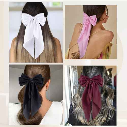 6Pcs Large Bows Hair Clips for Women Girls Long Tail Hair Ribbon Silky Satin Barrettes Coquette Bows Accessories (Black/Pink/Red/White)