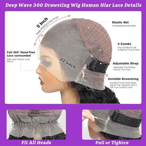 360 Deep Wave Lace Front Wigs Human Hair 28 Inch Curly Wig Hidden Strap HD Full Lace Human Hair Wigs Pre Plucked with Drawstring 180% Density Deep Curly Glueless Wigs Human Hair for Women