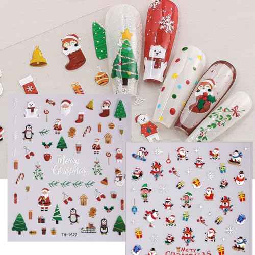 Christmas Nail Stickers - Christmas Nail Decals with Santa Claus Snowflake Elk Deer Snowman Xmas Tree Designs Winter 3D Xmas Nail Art DIY Decor Holiday Nail Stickers for Women (8 Sheets)