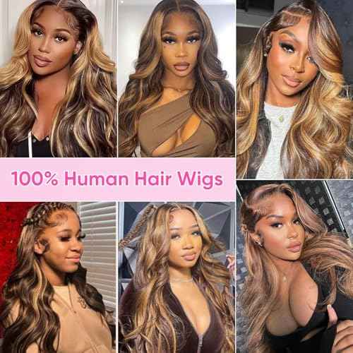 Honey Blonde Ombre 13x6 Lace Front Wig Human Hair 210 Density Highlight Body Wave Lace Front Wigs Human Hair Pre Plucked Glueless Lace Frontal Wig for Women 4/27 Colored 32Inch
