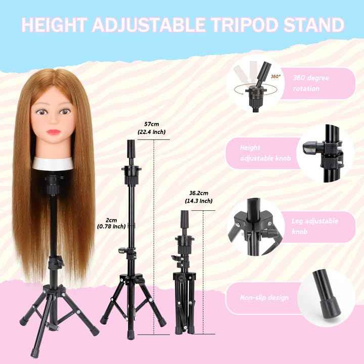 Mannequin Head with Human Hair 80% Real Hair 26-28'' Cosmetology Mannequin Head for Hairdresser Cosmetology Student Styling Practice on Braiding Manikin Doll Head with Tripod Set