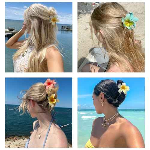 Flower Hair Clips for Women, 8 PCS Hawaiian Claw Clips for Vacation Hibiscus Hair Claw Clips Cute Large Hair Clips for Thick and Thin Hair Plumeria Hair Accessories