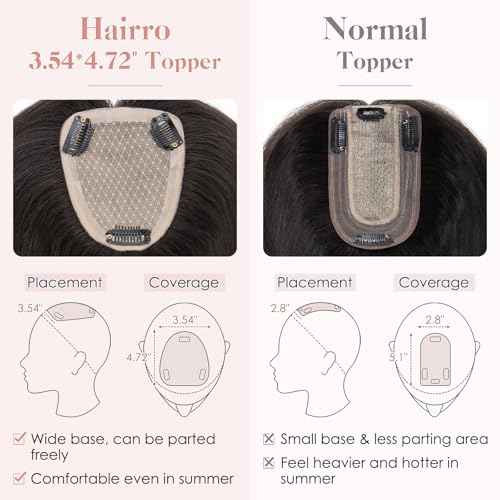 Hairro Human Hair Toppers Free Parted, 3.5x4.7" Base Hand-wovened 100% Real Hairpieces, with Invisible Clips-in for Women, for High Hairline/Adding Volume on Top, 16 Inch Light Natural Black