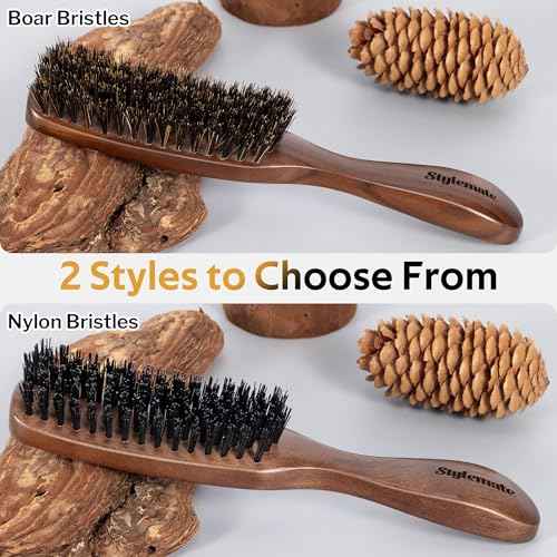 Nylon Hair Brush for Men, Mens Slick Back Hair Brush with Stiff Bristles & Wooden Walnut Handle for Thick & Fine Hair Smoothing, Detangling, Styling, Beard Straightens