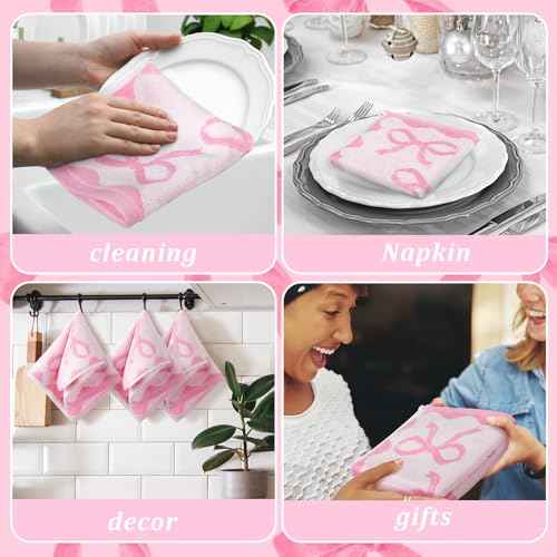Coume 6 Pcs Pink Bow Washcloths 100% Cotton Wash Cloths 13" x 13" Coquette Small Face Towels Absorbent Soft Preppy Wash Cloths & Hand Bath Towels for Bathroom, Spa, Kitchen Drying Cleaning