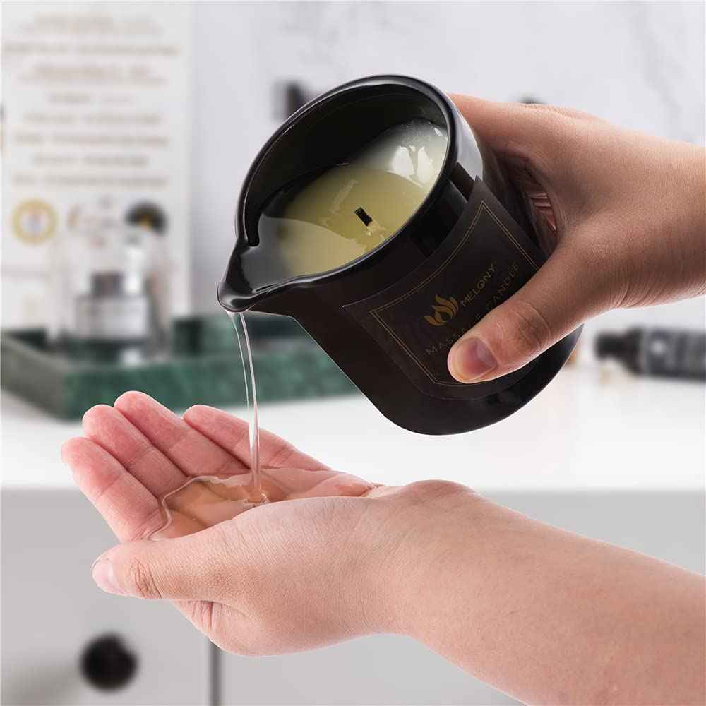 MELONY Massage Oil Candle for Pure Relaxation- 8.1 oz- Moisturizing Essential Oil Body Massage Candle for Home Spa- Amazing Gift for Women & Men (BlackBerry & Bay)