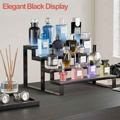 Cologne Organizer for Men, 12 Inch Wood Cologne Stand 4 Tier Perfume Organizer for Dresser, Versatile Step Display Stand Shelf for Fragrance, Skincare, Figurine, Dessert, 1 Set Black