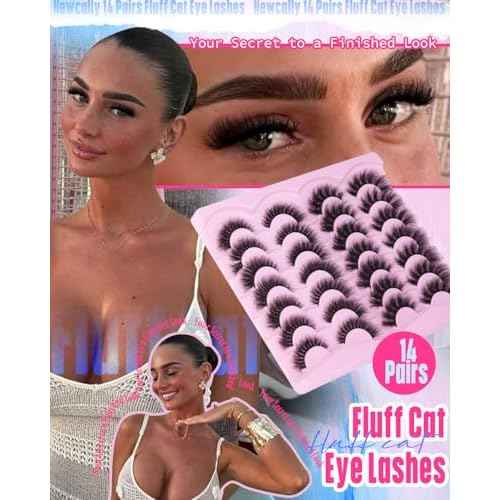 Newcally False Eyelashes Thick Volume Wispy Faux Mink Lashes 8D Volume Long Cat Eye Lashes Dramatic 18MM 2 Styles Mixed Fake Lashes 14 Pairs Pack