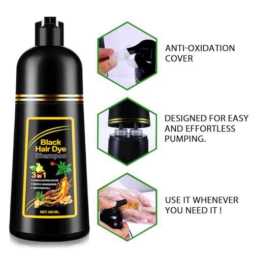 ALIVER Hair Dye Shampoo (Black) - 3-in-1 Natural Herbal Essence: Coloring, Nourishing, and Hair Growth Promoter - 500ml, Hypoallergenic and Harmless for Scalp Care
