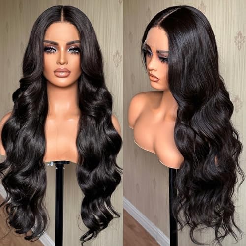 X-TRESS Hair Black wig for Women, Middle Part Front Lace Hairline Wig Pre-Plucked Heat Resistant Synthetic Wig for Daily 28 Inch-1B