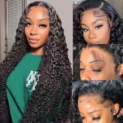 22 Inch Deep Wave Lace Front Wigs Human Hair Pre Plucked 200% Density 13x6 HD Lace Frontal Wigs with Baby Hair Deep Curly Wet and Wavy Glueless Wigs for Women (Natural Black, 22 Inch)