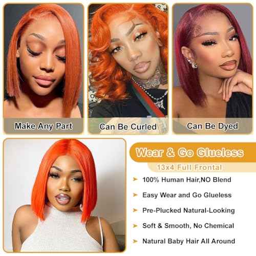 Ginger Wig Human Hair 13x4 HD Lace Front Bob Wigs 180% Density Lace Frontal Glueless Wigs Human Hair Pre Plucked Bob Wig 14 Inch Ginger Orange Short Straight Bob Wigs For Black Women