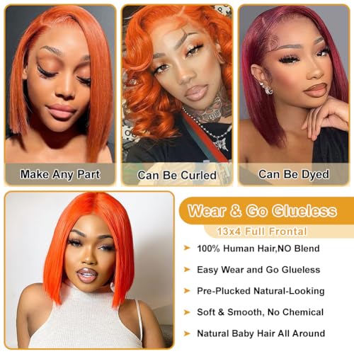 Ginger Orange Bob Wig Human Hair 13x4 HD Lace Frontal Wigs Human Hair for Women Ginger Glueless Short Straight Bob Lace Frontal Wigs 180% Density #350 10 Inch