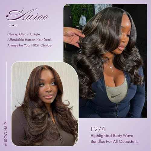 12A Brown Body Wave Bundles Human Hair 22 Inch, 100% Virgin Brazilian Real Hair Wavy Weave Color #F2/4 Rich Dark Brown with Chestnut Ombre Highlights Human Hair Single Bundles Thick Track Sew in