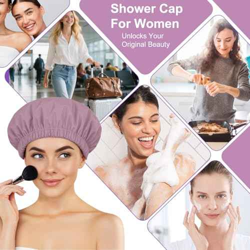 Shower Cap for Women Reusable Waterproof £¬Shower Caps with Elastic Band, Ideal for Long Hair, Braids and All Hair Types,Medium,Purple