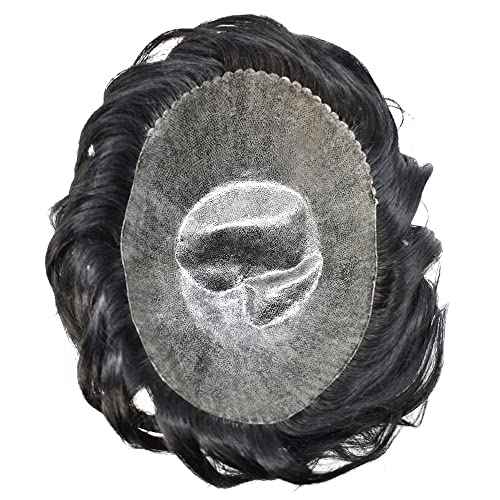 Toupee for Men Real Human Hair Piece Full Poly Thin Skin Men Hair Replacement System Mens Toupee Invisible Poly Coating Man Hairpieces8x10''-120% Density£¬1B# OFF BLACK